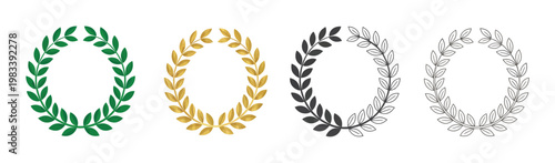 Winner laurel wreath icon collection, victory symbol set in green, black, gold, and white styles, award and achievement badge graphics, clean isolated vector illustration.