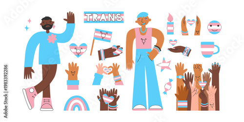 Transgender elemenets set. Diverse trans characters, hands and symbols in pink blue flag colors. Hearts, hand gestures, rainbow, flags clipart for pride and awareness materials.