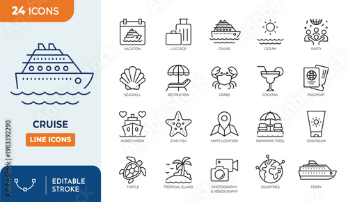 Cruise icon set. Contain icons related to  cruise ship, vacation, Recreation, Party, Ocean, holiday, honeymoon, and more. Editable stroke. Vector illustration
