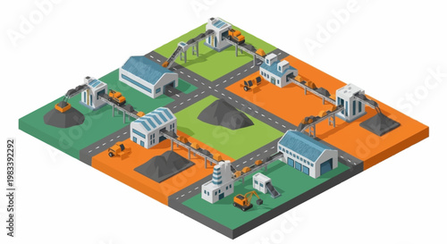 Isometric view of a coal mining and processing plant with conveyor belts and machinery.