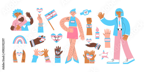 Transgender elemenets set. Diverse trans characters, hands and symbols in pink blue flag colors. Hearts, hand gestures, rainbow, flags clipart for pride and awareness materials.