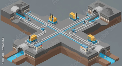 Isometric illustration of a complex water management system with tunnels, pipes, and pumping stations.