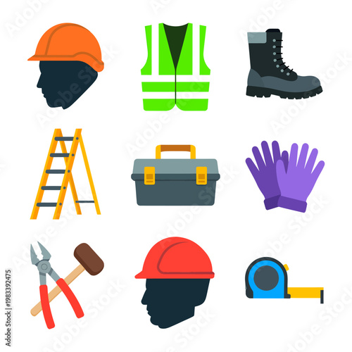 Construction Essentials: A compilation of essential construction tools and safety equipment, meticulously arranged, representing the core elements of the building and construction industry.