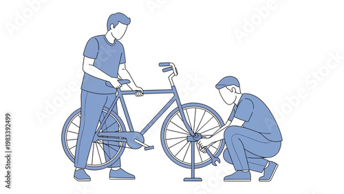 Cycling Partnership: Two figures collaborate to mend a bicycle, emphasizing the concept of mutual assistance, the essence of repair, and the pursuit of a smooth journey.