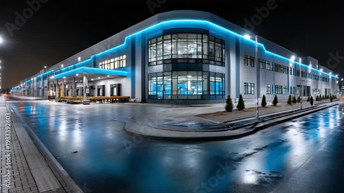 Modern Industrial Complex at Night: A captivating night shot of a state-of-the-art industrial complex, illuminated with sleek blue lights reflecting off wet pavement.