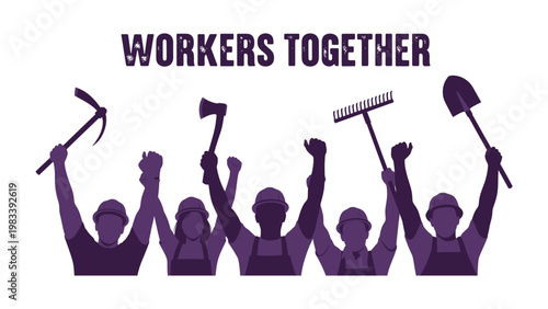 United Labor in solidarity: A silhouette of construction crew stands shoulder-to-shoulder, lifting their tools in unison, as a powerful emblem of workforce cohesion.