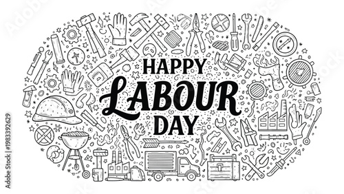Happy Labour Day Celebration: An intricate illustration of Happy Labour Day surrounded by various tools, gears, and machinery, representing the essence of workers and their contributions to society.