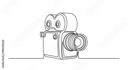 A minimalist line drawing shows an old film camera with a lens