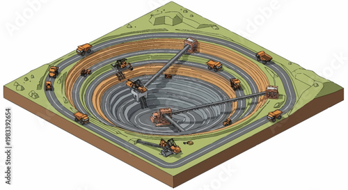 Aerial view of a large open-pit mine with heavy machinery and conveyor belts.