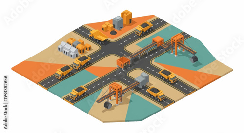 Isometric illustration of a mining operation with trucks, conveyor belts, and processing equipment.