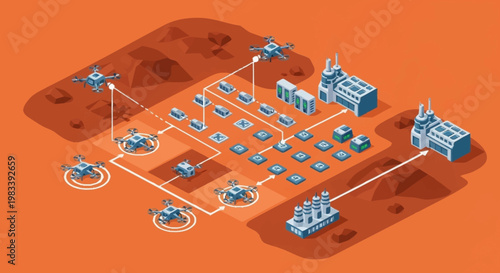 Futuristic automated drone delivery system operating on a Mars colony with industrial facilities.