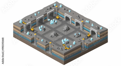Isometric view of a stylized mine with tunnels, excavators, and glowing crystals.