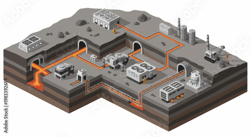 Geothermal energy plant illustration showing underground heat extraction and power generation facilities.