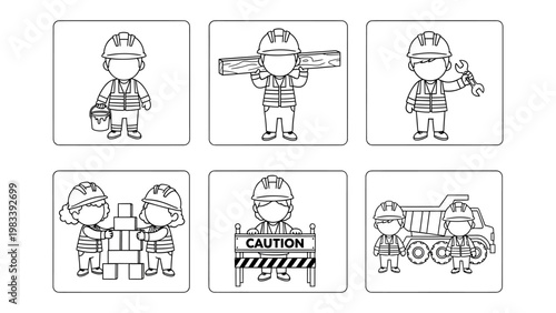 Construction Crew Illustration: A collection of six meticulously crafted illustrations, showcasing the dedication of construction workers, each figure engaged in a unique task.