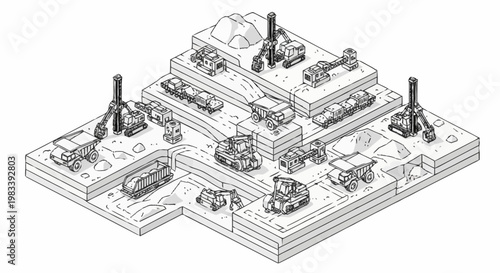 Isometric illustration of a mining operation with various vehicles and equipment on different levels of excavation.