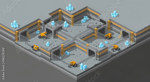 Isometric view of a futuristic mining facility with robotic excavators and glowing crystals.