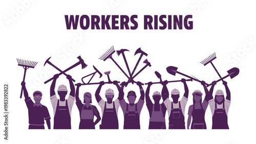 Workers' Solidarity: A united workforce stands in solidarity, raising tools in a powerful display of community, resilience, and the strength found in unity.