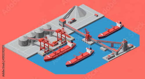 Isometric view of a modern industrial port with cargo ships and loading cranes, illustrating global trade and logistics.