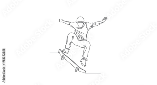 Single line drawing of a skateboarder performing a trick
