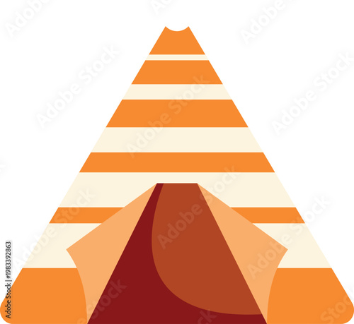 Striped teepee with an open entrance, representing camping and outdoor activity