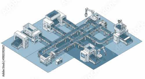 Automated production line with robotic arms and conveyor belts in a factory setting.