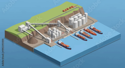 Industrial port facility with bulk cargo loading and unloading operations, ships, and silos.