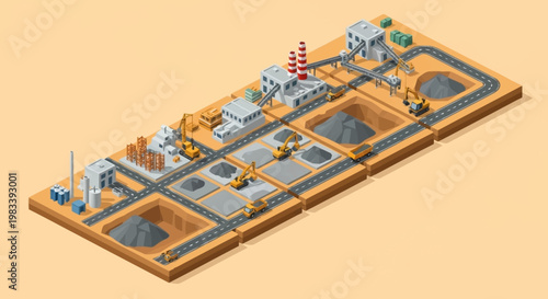 Isometric view of a construction site with excavators, buildings, and raw materials.