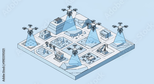 Isometric illustration of drones surveying a city block with various buildings and infrastructure.
