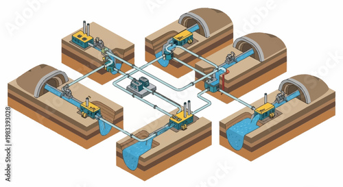 Diagram illustrating a complex water management system with interconnected pumps and tunnels.