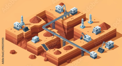 Isometric illustration of an open-pit mine with excavators, drills, and conveyor belts.