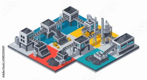 Isometric illustration of an industrial factory complex with conveyor belts and processing units.