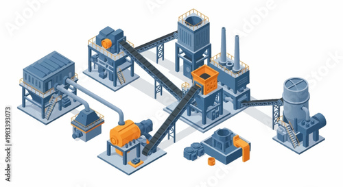 Isometric illustration of an industrial factory complex with conveyor belts and machinery, representing manufacturing and production processes.