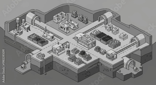 Isometric view of an underground bunker complex with multiple rooms and equipment.