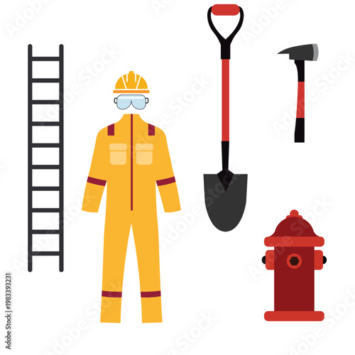 Fire Fighter Day Flat design showing safety gear, ladder, hydrant, shovel, hammer and uniform symbolizing emergency rescue services, protection and bravery theme in clean minimal style.