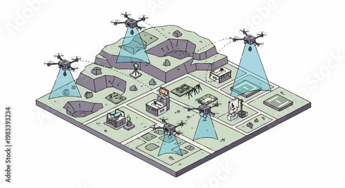 Drones surveying a futuristic city and landscape with advanced technology and surveillance systems.