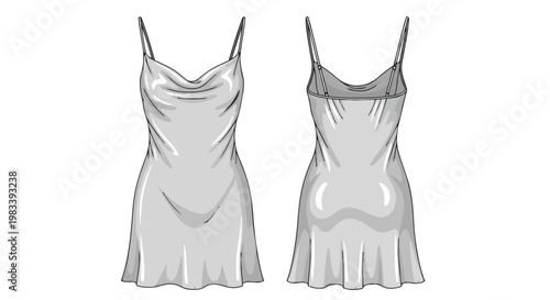 Elegant minimalist draped neckline slip dress flat sketch template showcasing a flowing silhouette from front and rear views for fashion design
