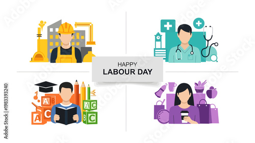 Labor Day Greetings: A composite image that embraces the essence of Labor Day, showcasing four distinct professions representing a spectrum of societal contributors.