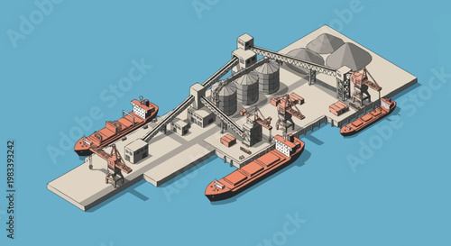 Industrial port with cargo ships, cranes, and silos for bulk material handling.