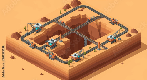 Isometric view of an open-pit mine with excavators, cranes, and a railway system for ore extraction.