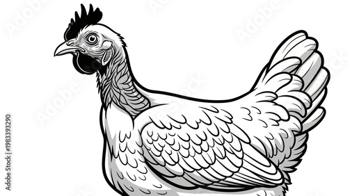Detailed Black and White Illustration of a Chicken, Farm Bird Side View