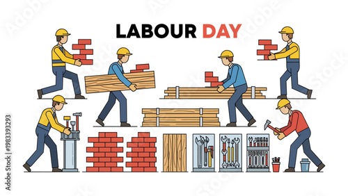 Labor Day Construction: Depicts hardworking laborers in action, celebrating the contributions of builders and constructors.
