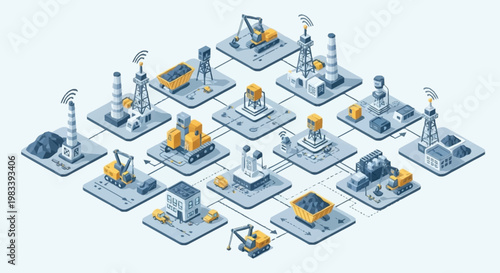 Isometric illustration of a mining industry complex with various machinery and structures connected by lines.