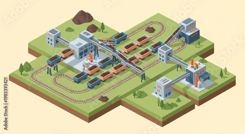 Isometric view of a coal mining and transportation facility with trains and industrial buildings.