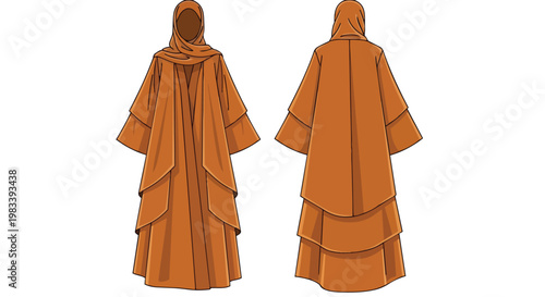 Modest fashion design illustration featuring a layered outer garment and head covering for women, depicted from both front and rear perspectives on