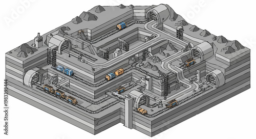 Cross-section of a complex underground mining operation with tunnels, vehicles, and layered geological strata.
