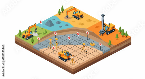 Construction site isometric view showing different stages of building process with excavators and drilling machine.