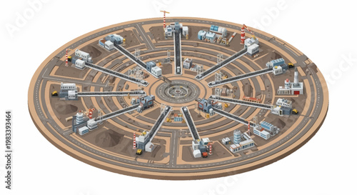 Circular industrial complex with multiple interconnected facilities and infrastructure elements.
