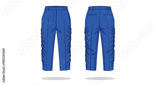 Stylized blue pleated trousers with ruched sides, presented front and back
