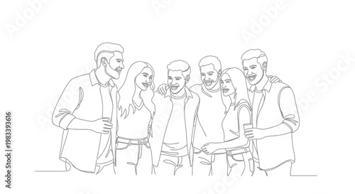 A group of happy friends stand together, arms around each other, in a drawing
