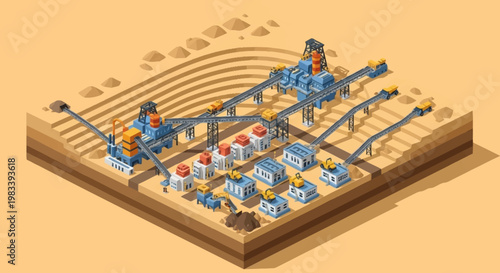 Isometric illustration of an industrial mining operation with conveyor belts and processing plants in a desert landscape.